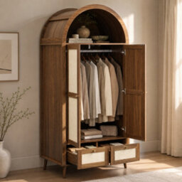 Btm Arched 2 Door Wardrobe With 2 Drawers, 180Cm Rattan Effect Double Wardrobe With Hanging Rail And Display Shelf, Walnut Beige - thumbnail 4