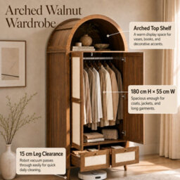 Btm Arched 2 Door Wardrobe With 2 Drawers, 180Cm Rattan Effect Double Wardrobe With Hanging Rail And Display Shelf, Walnut Beige - thumbnail 7