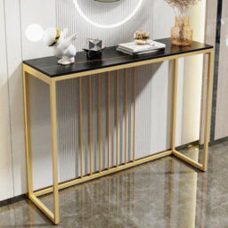 Fativo 100Cm W Slim Narrow Hallway Console Table Scratch-Proof Sintered Stone Marble Gold Legs, Black