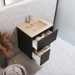 Homestylestore Black Grey 612mm Wall Hung Bathroom Vanity Unit Led Lit Open Shelf And Sand Basin - thumbnail 2
