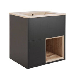 Homestylestore Black Grey 612mm Wall Hung Bathroom Vanity Unit Led Lit Open Shelf And Sand Basin