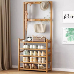 Natural Bamboo Garment Coat Rack Clothes Stand Hanger Shoe Rack Storage Shelf - thumbnail 2