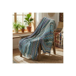 Bohemian Knitted Throw Blanket With Tassels Wave Stripe Sofa Bed Couch Bedspend Blue
