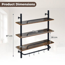 3 Tier Industrial Floating Shelves With Hooks For Kitchen Bathroom Black - thumbnail 2