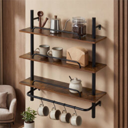 3 Tier Industrial Floating Shelves With Hooks For Kitchen Bathroom Black - thumbnail 3