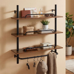 3 Tier Industrial Floating Shelves With Hooks For Kitchen Bathroom Black - thumbnail 4
