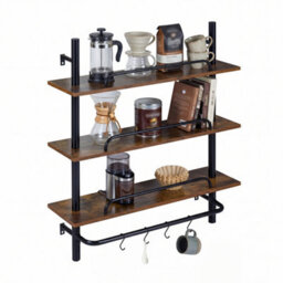 3 Tier Industrial Floating Shelves With Hooks For Kitchen Bathroom Black - thumbnail 1