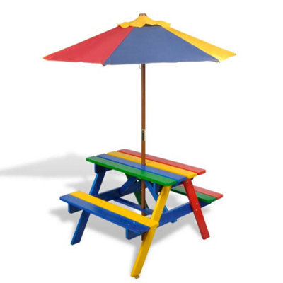 Vidaxl Kids' Picnic Table With Benches And Parasol Multicolour Wood - image 1