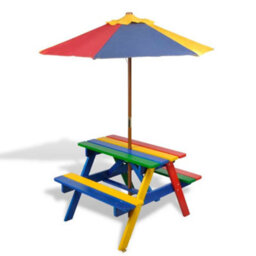 Vidaxl Kids' Picnic Table With Benches And Parasol Multicolour Wood - thumbnail 1