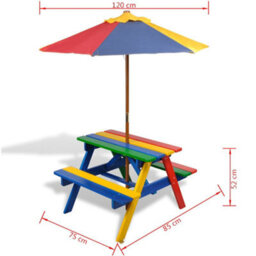 Vidaxl Kids' Picnic Table With Benches And Parasol Multicolour Wood - thumbnail 3