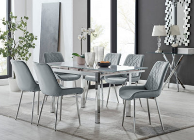 Furniturebox Uk 6 Seater Dining Set - Enna White Glass & Chrome Extendable Dining Table & Chairs - 6 Grey Velvet Pesaro Chairs - image 1