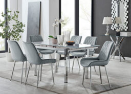 Furniturebox Uk 6 Seater Dining Set - Enna White Glass & Chrome Extendable Dining Table & Chairs - 6 Grey Velvet Pesaro Chairs