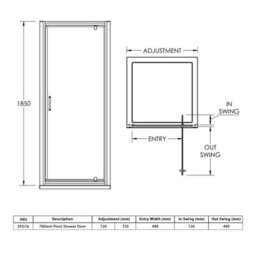 Royal Bathrooms Milan 760 X 700mm Matt Black Rectangular Pivot Door 3-Sided Shower Enclosure With Side Panels 6mm Tempered Glass - thumbnail 8