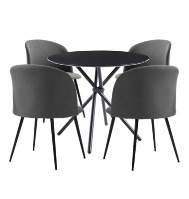 Hallowood Furniture Cullompton Small Round Black Dining Table 90Cm With 4 Curved-Back Light Grey Fabric Chairs - image 1