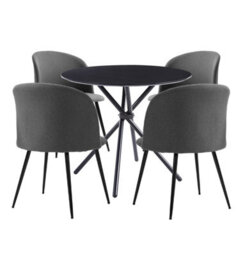 Hallowood Furniture Cullompton Small Round Black Dining Table 90Cm With 4 Curved-Back Light Grey Fabric Chairs - thumbnail 1