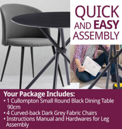 Hallowood Furniture Cullompton Small Round Black Dining Table 90Cm With 4 Curved-Back Light Grey Fabric Chairs - thumbnail 7
