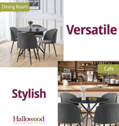 Hallowood Furniture Cullompton Small Round Black Dining Table 90Cm With 4 Curved-Back Light Grey Fabric Chairs - thumbnail 6