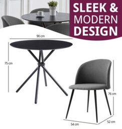 Hallowood Furniture Cullompton Small Round Black Dining Table 90Cm With 4 Curved-Back Light Grey Fabric Chairs - thumbnail 3