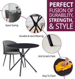 Hallowood Furniture Cullompton Small Round Black Dining Table 90Cm With 4 Curved-Back Light Grey Fabric Chairs - thumbnail 2