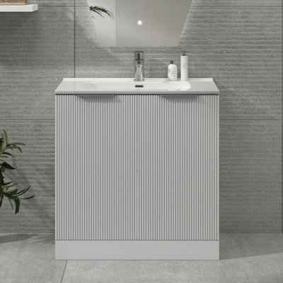 Royal Bathrooms Evora 800mm Matt White Fluted Floor Standing Bathroom Vanity Unit 2 Door Cabinet Storage With Ceramic Basin Sink - 1 Tap Hole - image 1