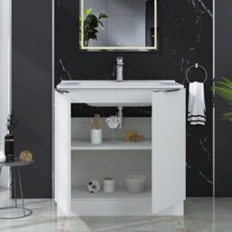 Royal Bathrooms Evora 800mm Matt White Fluted Floor Standing Bathroom Vanity Unit 2 Door Cabinet Storage With Ceramic Basin Sink - 1 Tap Hole - thumbnail 3