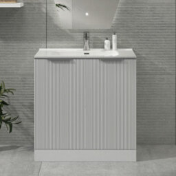 Royal Bathrooms Evora 800mm Matt White Fluted Floor Standing Bathroom Vanity Unit 2 Door Cabinet Storage With Ceramic Basin Sink - 1 Tap Hole - thumbnail 1