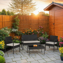 Seconique Cedar 4 Piece Garden Set Black Rattan Grey Fabric Black Glass - thumbnail 1