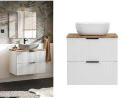 Impact Furniture Bathroom Vanity Sink Unit 600mm Countertop Wall Cabinet Ribbed Fluted White Drawers Oak Effect Worktop Adel