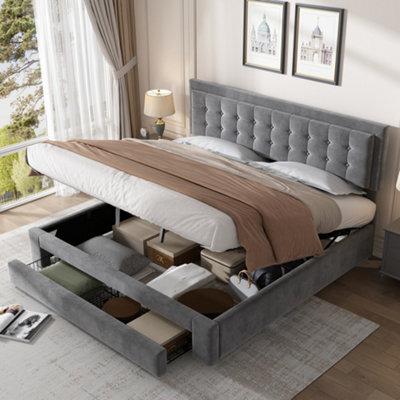 BTM Upholstered Bed Super King Size 6Ft 180X200 Cm Velvet Fabric Large Storage Slats Headboard Without Mattress Grey - image 1