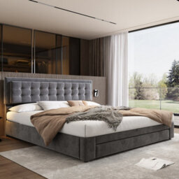 BTM Upholstered Bed Super King Size 6Ft 180X200 Cm Velvet Fabric Large Storage Slats Headboard Without Mattress Grey - thumbnail 3