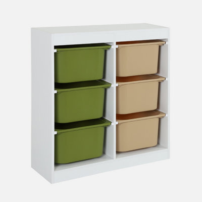 Sweeek - Children's Storage Unit With 6 Plastic Bins White Olive Green/taupe 81.5X30X89 Cm - Sora - image 1