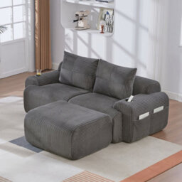 Btm Modular 2 Seater Corduroy Sofa With Ottomans, Configurable Sofa Set With Cup Holders  And Side Storage Pockets, Dark Grey - thumbnail 9