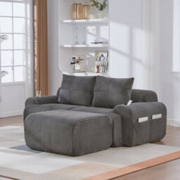 Btm Modular 2 Seater Corduroy Sofa With Ottomans, Configurable Sofa Set With Cup Holders  And Side Storage Pockets, Dark Grey - thumbnail 8