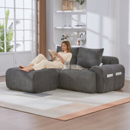 Btm Modular 2 Seater Corduroy Sofa With Ottomans, Configurable Sofa Set With Cup Holders  And Side Storage Pockets, Dark Grey