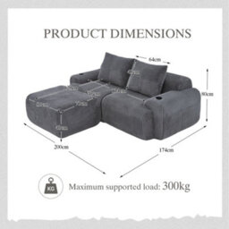 Btm Modular 2 Seater Corduroy Sofa With Ottomans, Configurable Sofa Set With Cup Holders  And Side Storage Pockets, Dark Grey - thumbnail 2