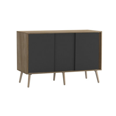 Urbn-Living Urbnliving 3-Door Sliding Cabinet Sideboard Oak Carcass With Black Doors Storage Organiser Home Cupboard Pine Wooden Legs - image 1