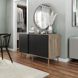 Urbn-Living Urbnliving 3-Door Sliding Cabinet Sideboard Oak Carcass With Black Doors Storage Organiser Home Cupboard Pine Wooden Legs - thumbnail 2