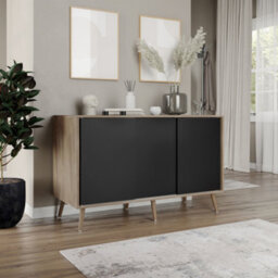 Urbn-Living Urbnliving 3-Door Sliding Cabinet Sideboard Oak Carcass With Black Doors Storage Organiser Home Cupboard Pine Wooden Legs - thumbnail 3