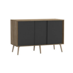Urbn-Living Urbnliving 3-Door Sliding Cabinet Sideboard Oak Carcass With Black Doors Storage Organiser Home Cupboard Pine Wooden Legs