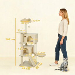 140Cm Cat Tree Tower With Sisal Scratching Posts, Condos, Beige - thumbnail 2