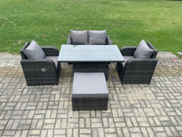 Fimous Pe Rattan Outdoor Garden Furniture Set Height Adjustable Rising Lifting Dining Table With Love Sofa Chair - thumbnail 1
