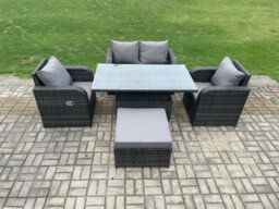 Fimous Pe Rattan Outdoor Garden Furniture Set Height Adjustable Rising Lifting Dining Table With Love Sofa Chair - thumbnail 2