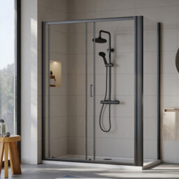 Balterley 6mm Toughened Safety Glass Sliding Shower Door, Side Panel And Shower Tray - 1400 X 760 X 1900mm - Matt Black Frame - White Tray - thumbnail 5