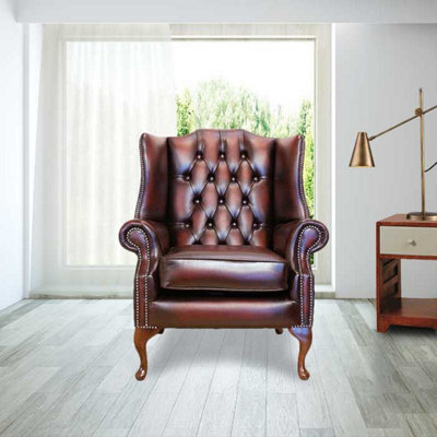 Chesterfield High Back Wing Chair Antique Oxblood Leather Bespoke In Mallory Style - image 1