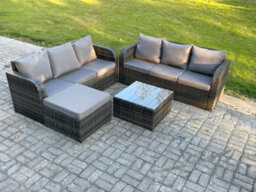 Fimous Indoor Outdoor Rattan Garden Furniture 7 Seater Set Table Sofa Chair Patio Conservatory With Grey Cushions Big Footstool - thumbnail 2