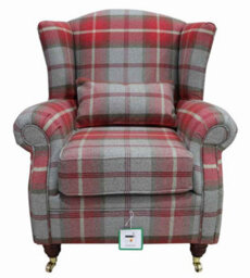 Wing Chair Original Fireside High Back Armchair P And S Balmoral Cherry Check Real Fabric - thumbnail 3