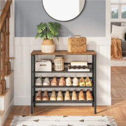 Darphe 4 Tier Mesh Shoe Rack With Wooden Top And Steel Frame For Entryway - thumbnail 1