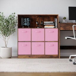Urbn-Living Urbnliving 94Cm Height 7 Cubed Rustic Brown Wooden Cupboard Bookcase Storage Units Shelves With Light Pink 6 Drawers