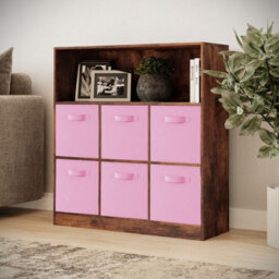 Urbn-Living Urbnliving 94Cm Height 7 Cubed Rustic Brown Wooden Cupboard Bookcase Storage Units Shelves With Light Pink 6 Drawers - thumbnail 2