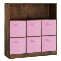 Urbn-Living Urbnliving 94Cm Height 7 Cubed Rustic Brown Wooden Cupboard Bookcase Storage Units Shelves With Light Pink 6 Drawers - thumbnail 3